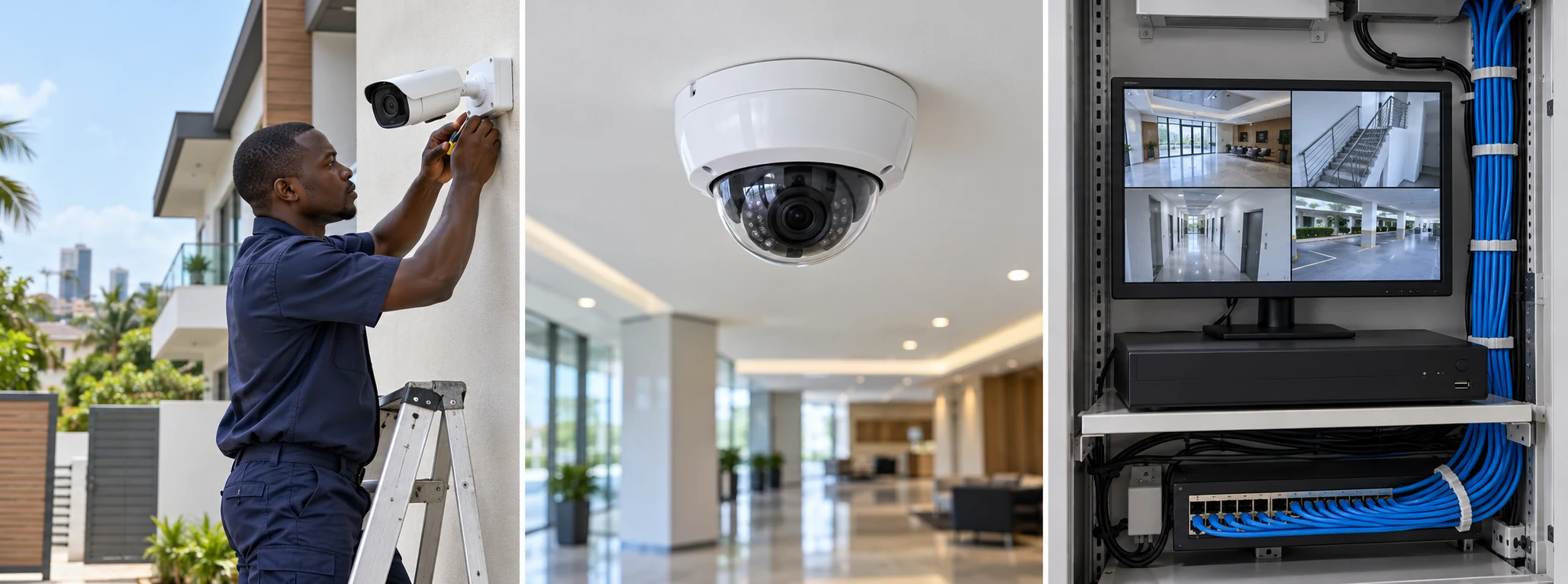 Illustrative examples of an exterior CCTV installation, an indoor dome camera and a CCTV recorder setup