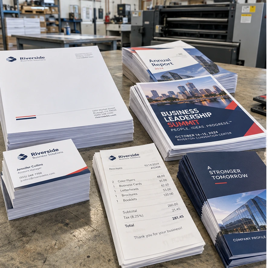 Illustrative printing products including flyers, business cards and stationery