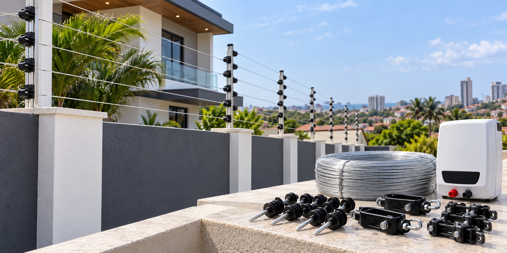 Illustrative electric fencing and accessories including insulators, wire and energizer